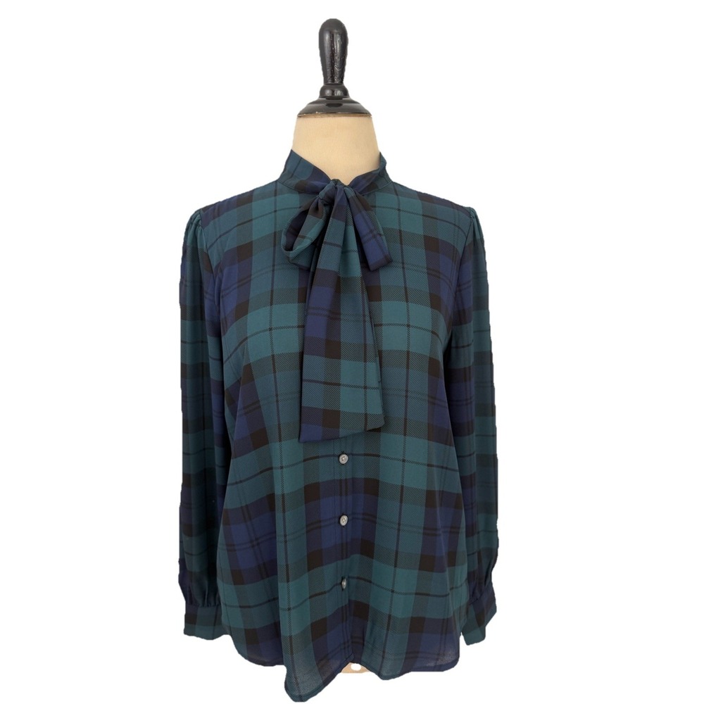 J. CREW New Plaid TOP S Button Blouse Tartan Plaid Bow Preppy Office Academia
